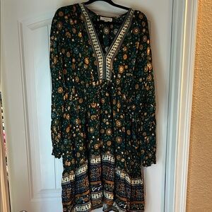 Umgee Green and Orange Patterned Midi Dress